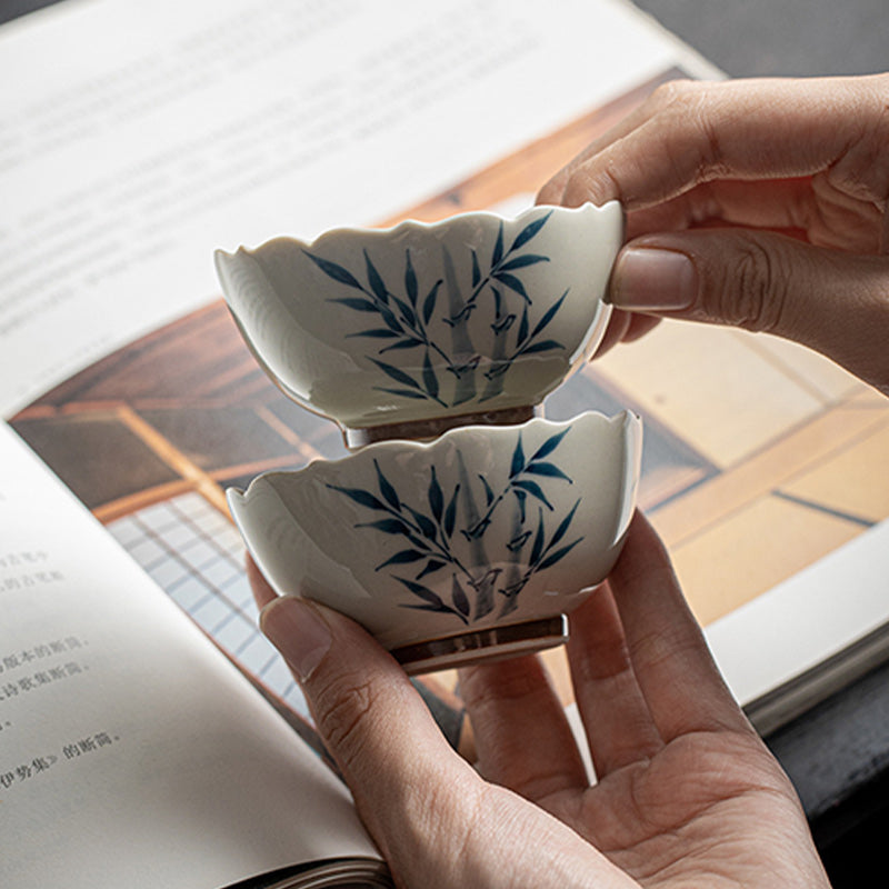 Small Blue Bamboo Leaves Ceramic Teacup for Kung Fu Tea Rituals