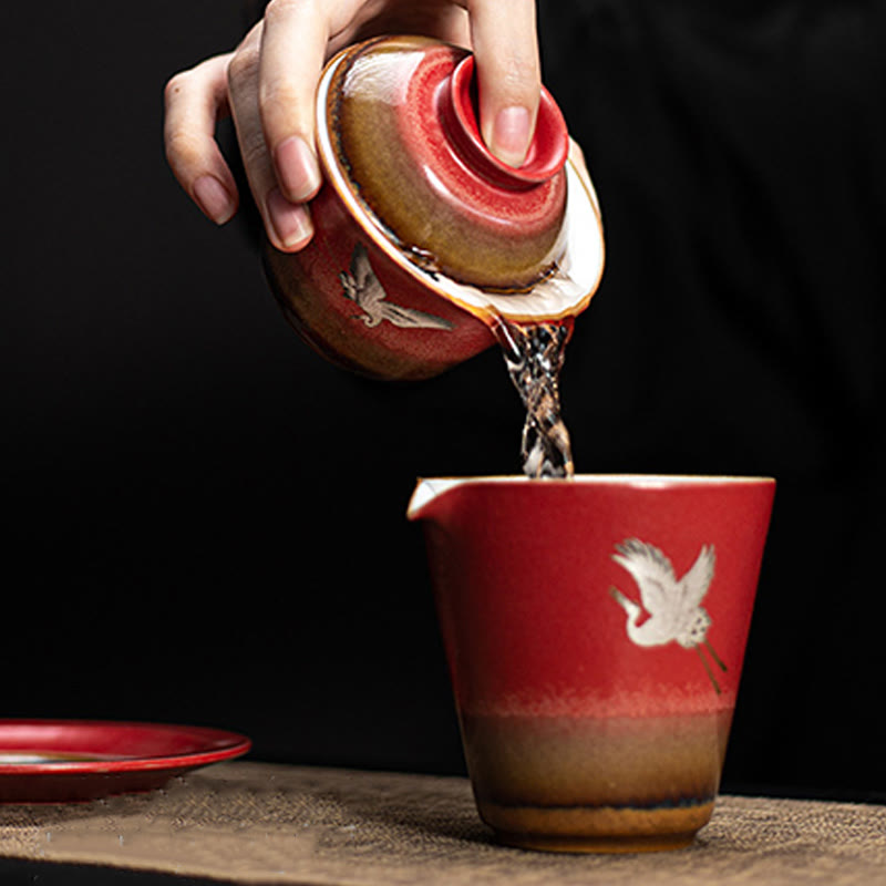 Red Auspicious Crane Ceramic Gaiwan Sancai Teacup | Zen Decor