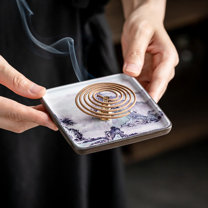 Ceramic Incense Burner Tray with Mountain Lake Flower Leaf Design