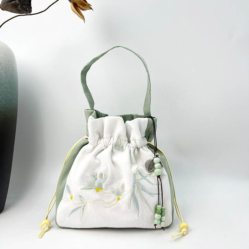Embroidered Butterfly Lotus Cotton Linen Tote Bag 20cm