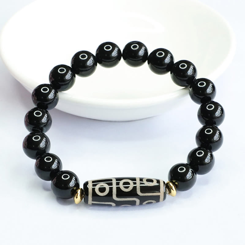 Nine-Eye Dzi Bead Black Onyx Obsidian Bracelet for Protection