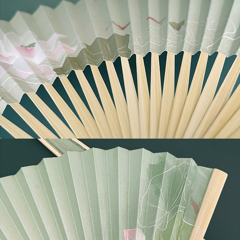 Lotus Flower Chinese Folding Fan with Bamboo & Paper