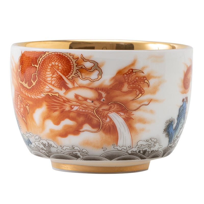 Gilt Ceramic Dragon Phoenix Crane Teacup 170ml Spiritual