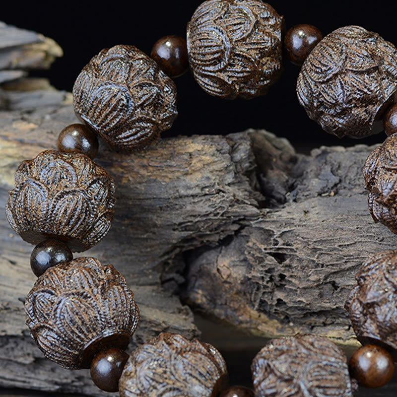 Ebony Wood Balance Bracelet with Lotus Dragon & Arhats