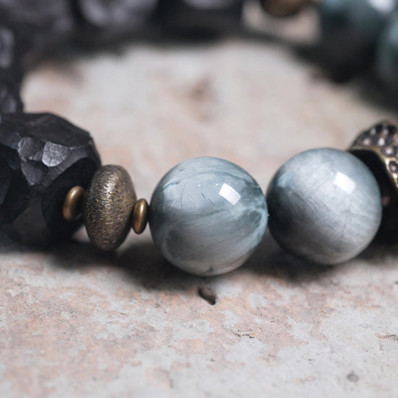 Eagle's Eye Stone Couple Bracelet with Ebony Wood & Copper