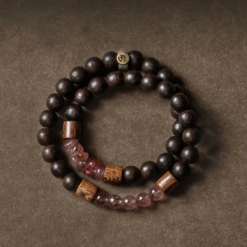 925 Silver Chinese Zodiac Bracelet with Agarwood & Strawberry Quartz