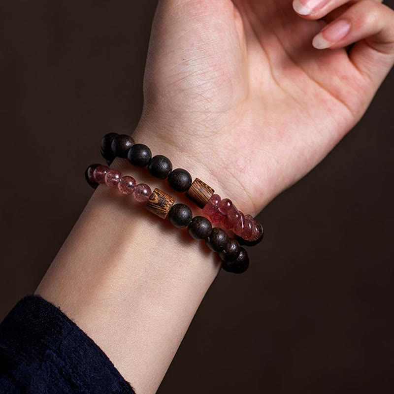 925 Silver Chinese Zodiac Bracelet with Agarwood & Strawberry Quartz
