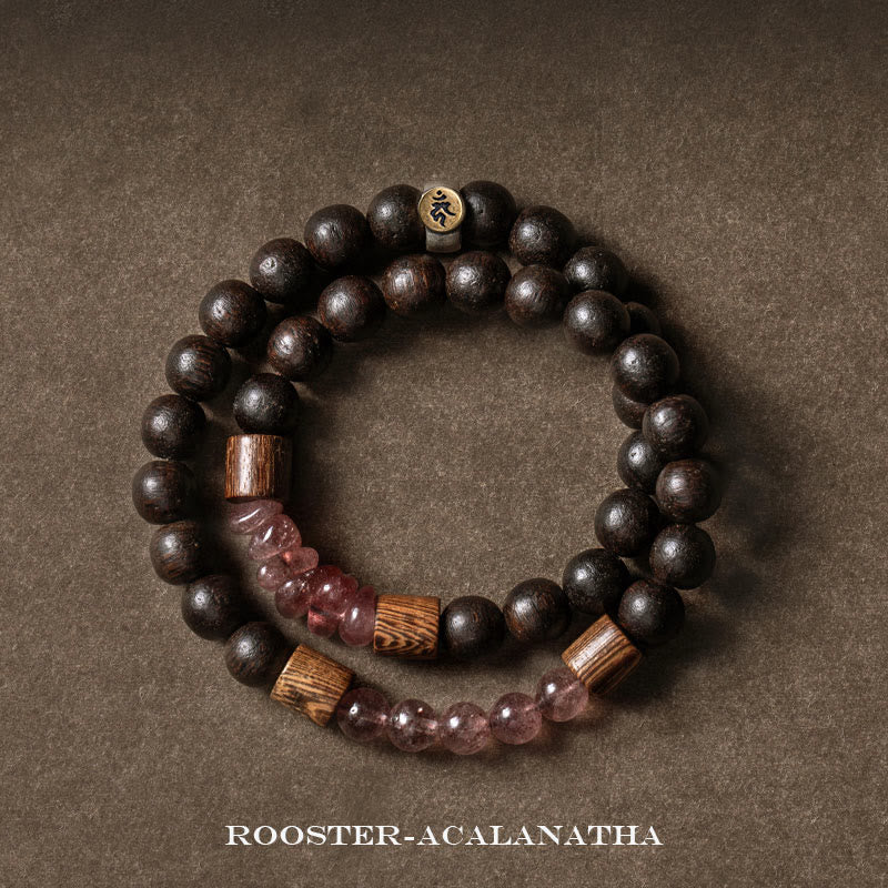 925 Silver Chinese Zodiac Bracelet with Agarwood & Strawberry Quartz