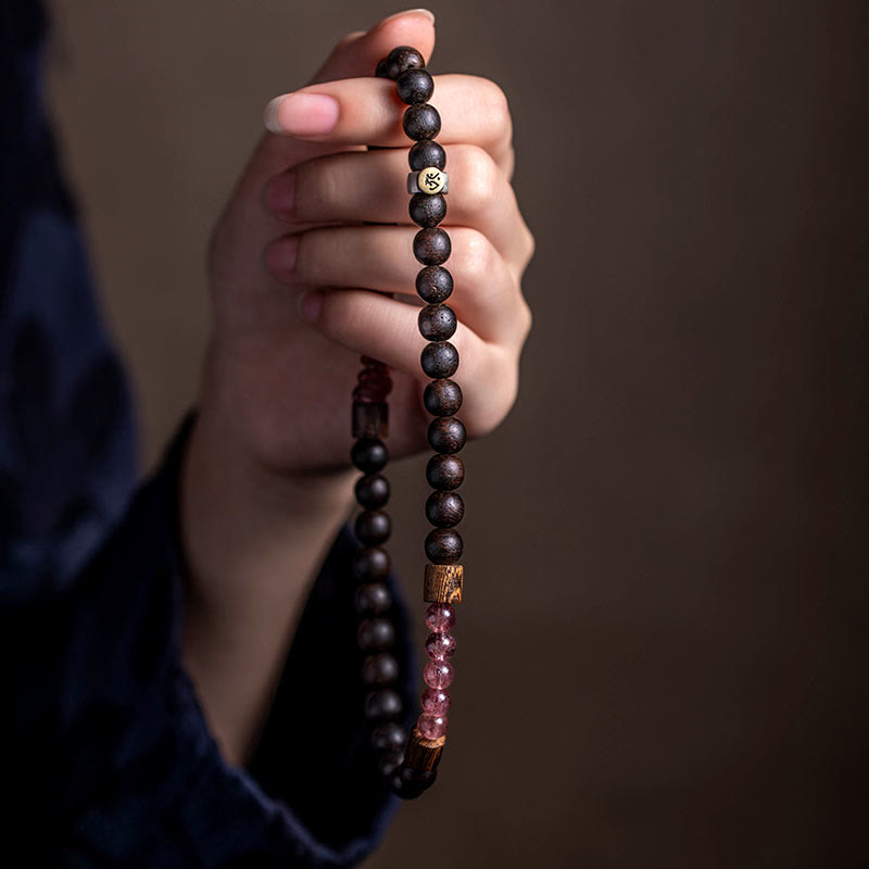 925 Silver Chinese Zodiac Bracelet with Agarwood & Strawberry Quartz