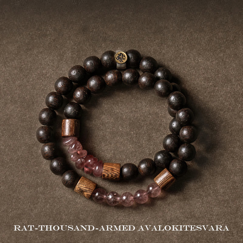 925 Silver Chinese Zodiac Bracelet with Agarwood & Strawberry Quartz