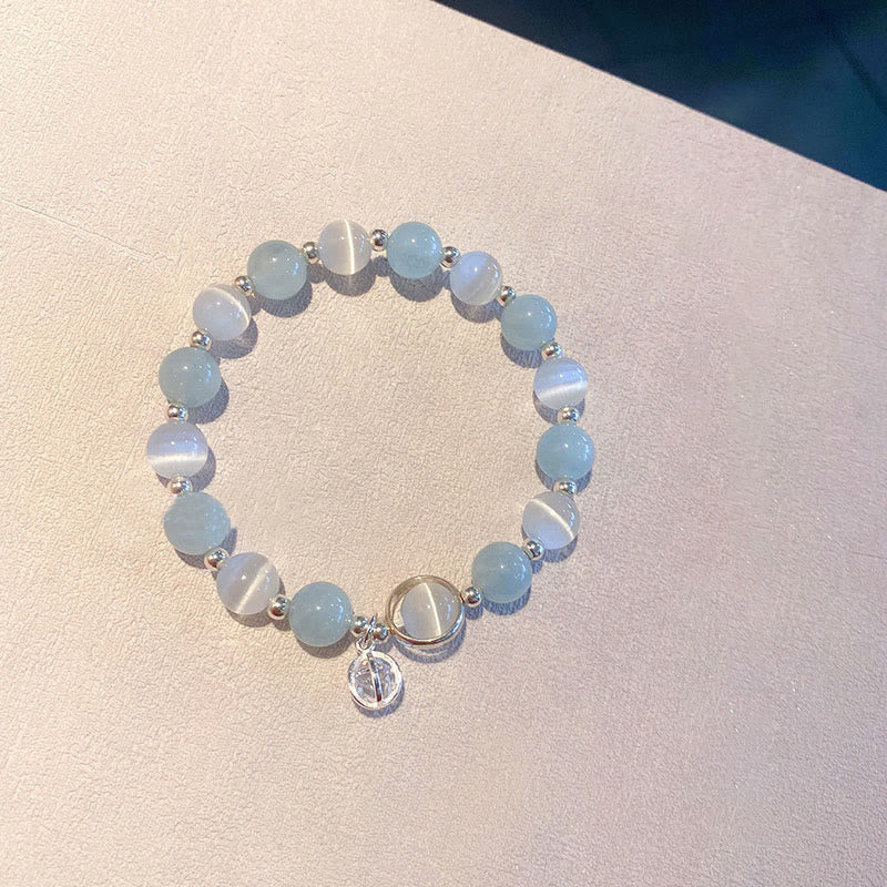 925 Sterling Silver Aquamarine Cat's Eye Support Bracelet