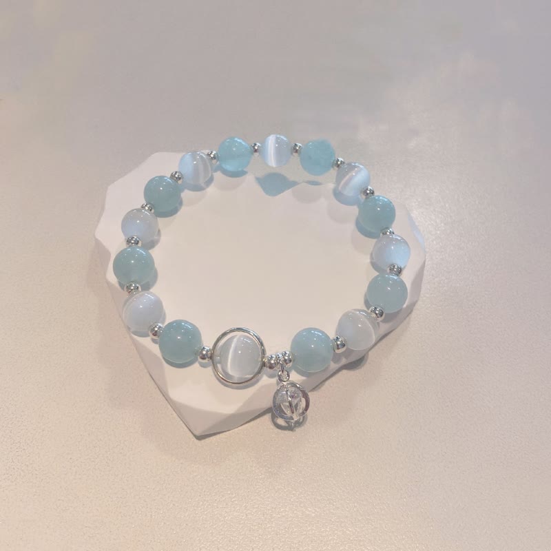 925 Sterling Silver Aquamarine Cat's Eye Support Bracelet