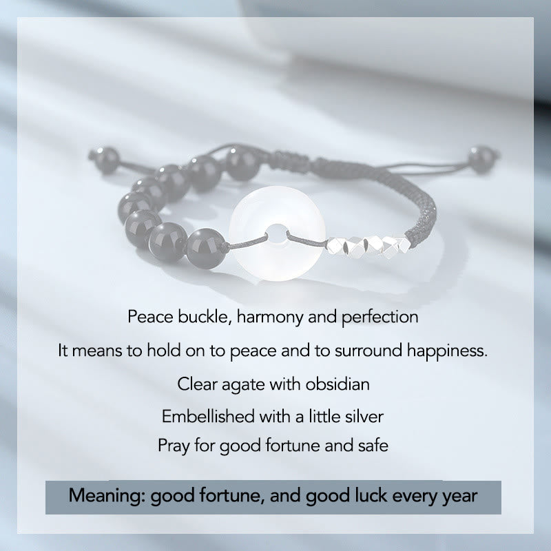 925 Sterling Silver Black Obsidian Peace Buckle Strength Bracelet
