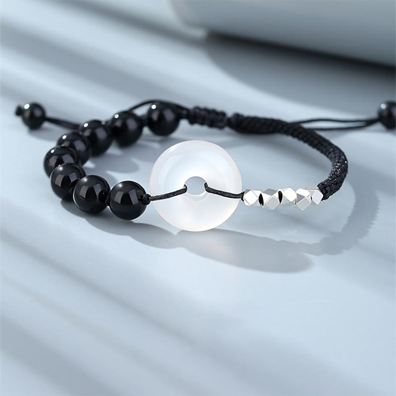 925 Sterling Silver Black Obsidian Peace Buckle Strength Bracelet