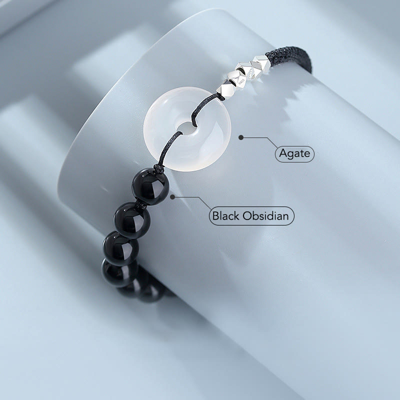 925 Sterling Silver Black Obsidian Peace Buckle Strength Bracelet