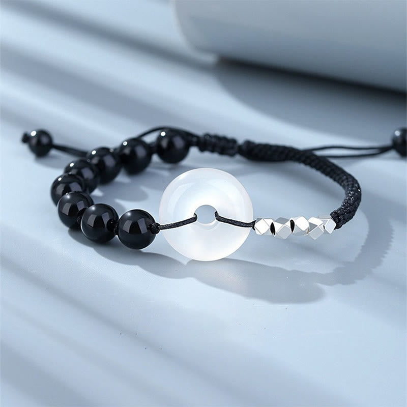 925 Sterling Silver Black Obsidian Peace Buckle Strength Bracelet