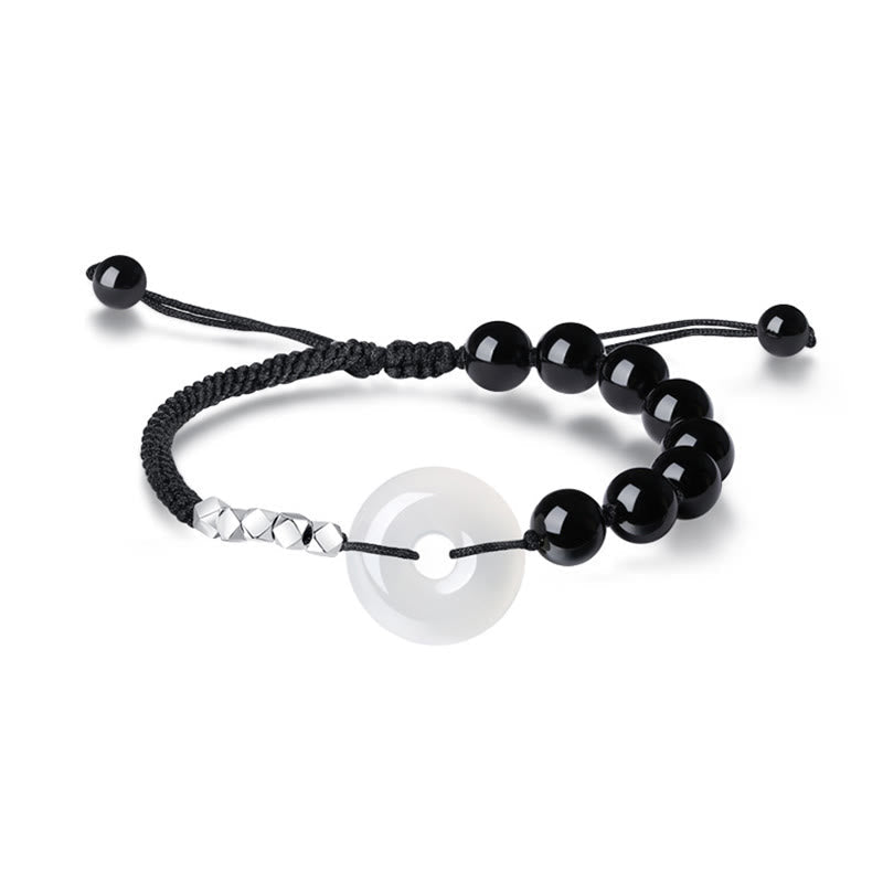 925 Sterling Silver Black Obsidian Peace Buckle Strength Bracelet