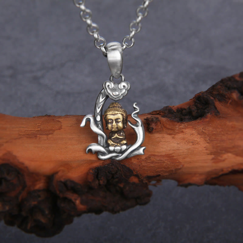 925 Sterling Silver Buddha Necklace with Ruyi Handle for Compassion