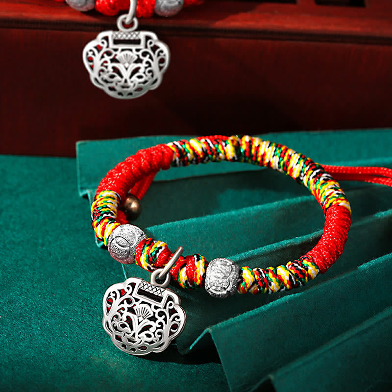 925 Sterling Silver Chinese Lock Charm Red String Kid's Protection Bracelet