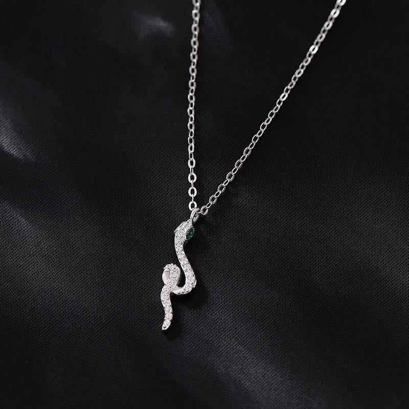 925 Sterling Silver Chinese Zodiac Snake Necklace with Green Eyes for Protection