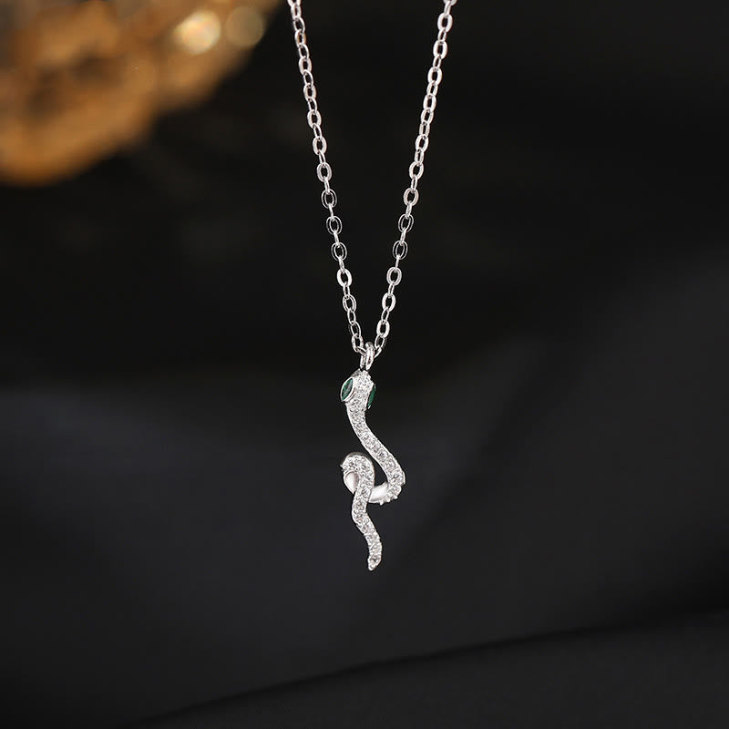 925 Sterling Silver Chinese Zodiac Snake Necklace with Green Eyes for Protection
