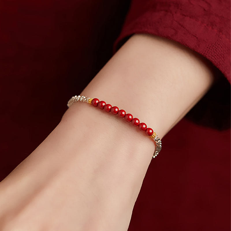 925 Sterling Silver Cinnabar Bracelet with Fu Character Blessing