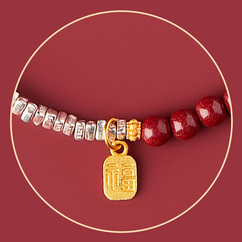 925 Sterling Silver Cinnabar Bracelet with Fu Character Blessing