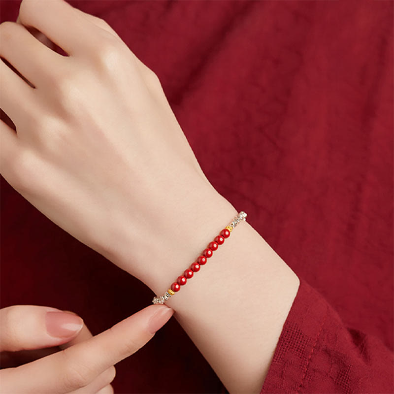 925 Sterling Silver Cinnabar Bracelet with Fu Character Blessing