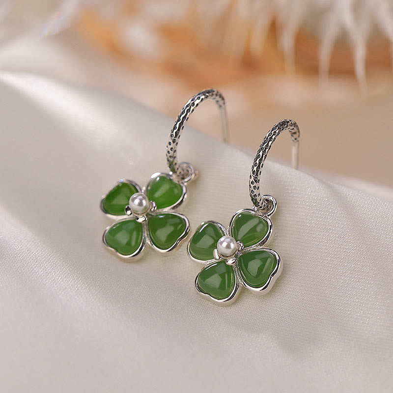 925 Sterling Silver Cyan Jade Four Leaf Clover Luck Earrings