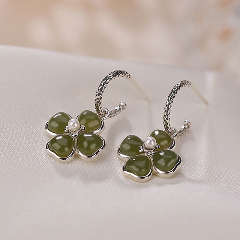 925 Sterling Silver Cyan Jade Four Leaf Clover Luck Earrings