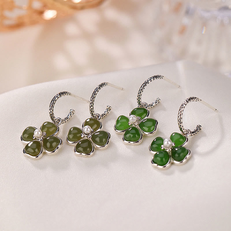 925 Sterling Silver Cyan Jade Four Leaf Clover Luck Earrings
