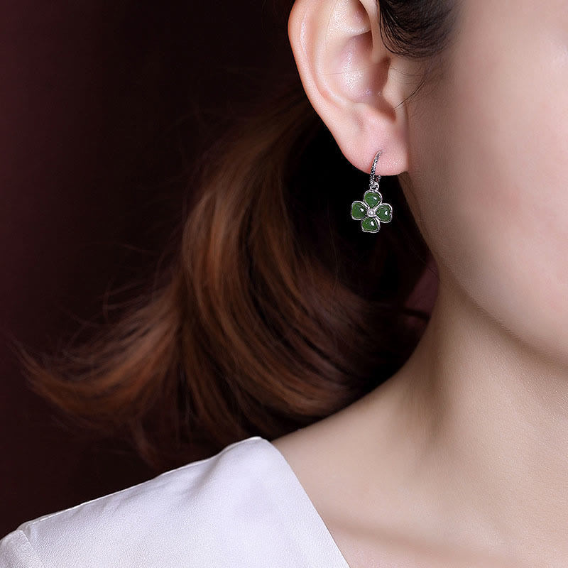 925 Sterling Silver Cyan Jade Four Leaf Clover Luck Earrings
