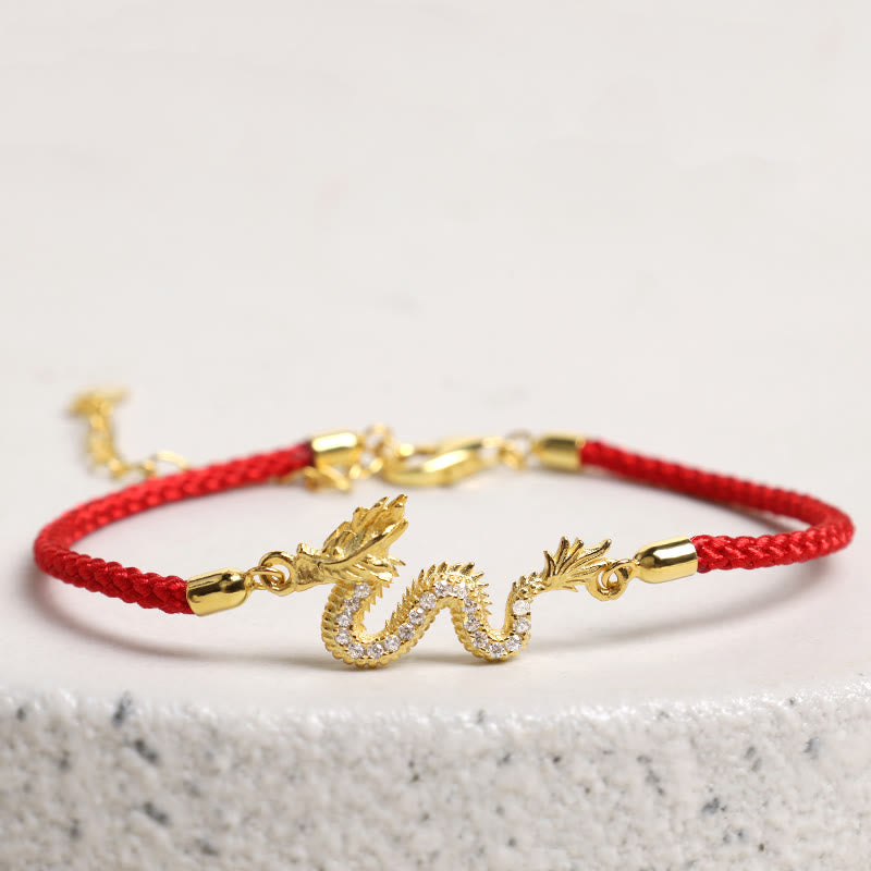 925 Sterling Silver Dragon Luck Bracelet | Red Rope or Gold Chain