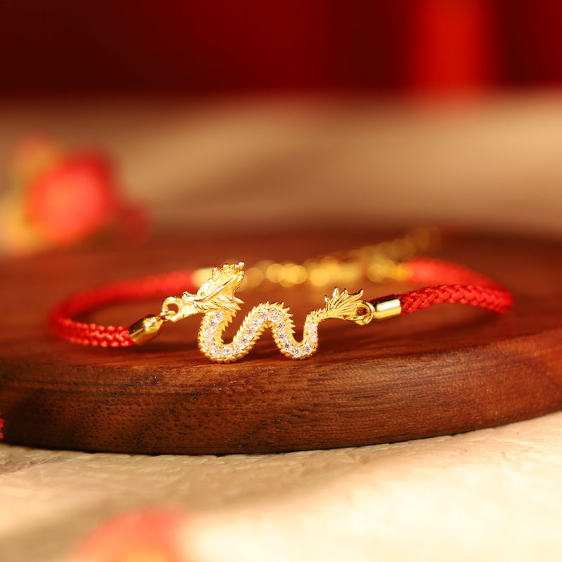 925 Sterling Silver Dragon Luck Bracelet | Red Rope or Gold Chain