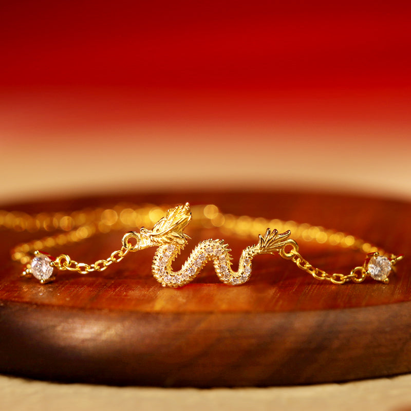 925 Sterling Silver Dragon Luck Bracelet | Red Rope or Gold Chain