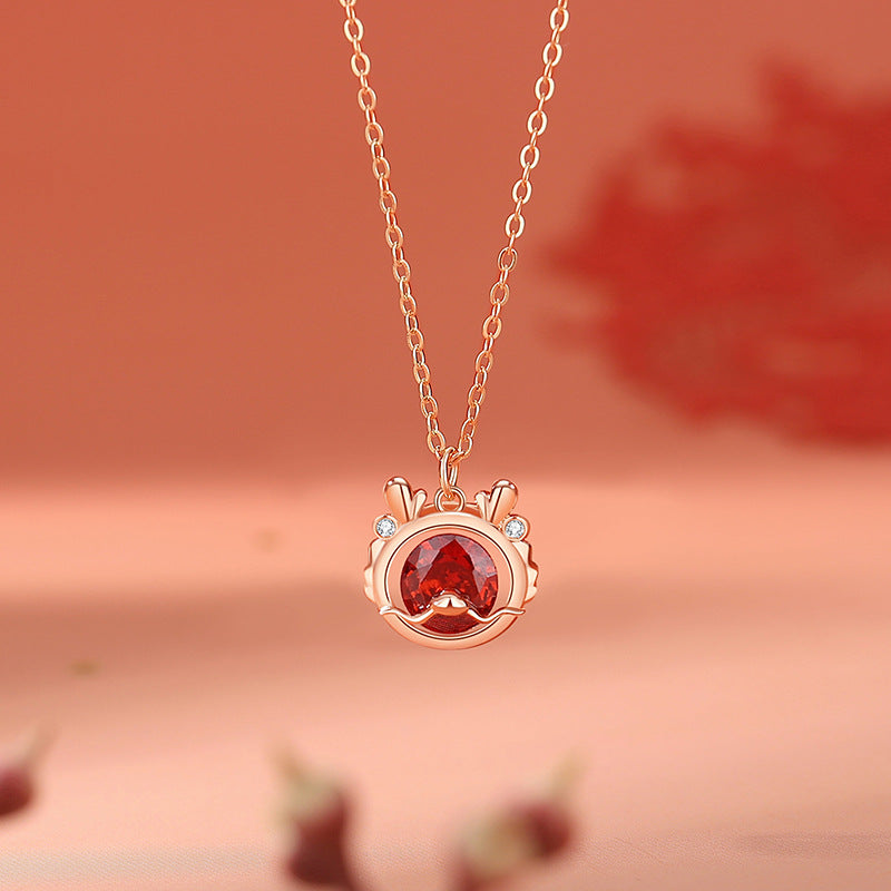 925 Sterling Silver Dragon Necklace with Red Zircon for Luck