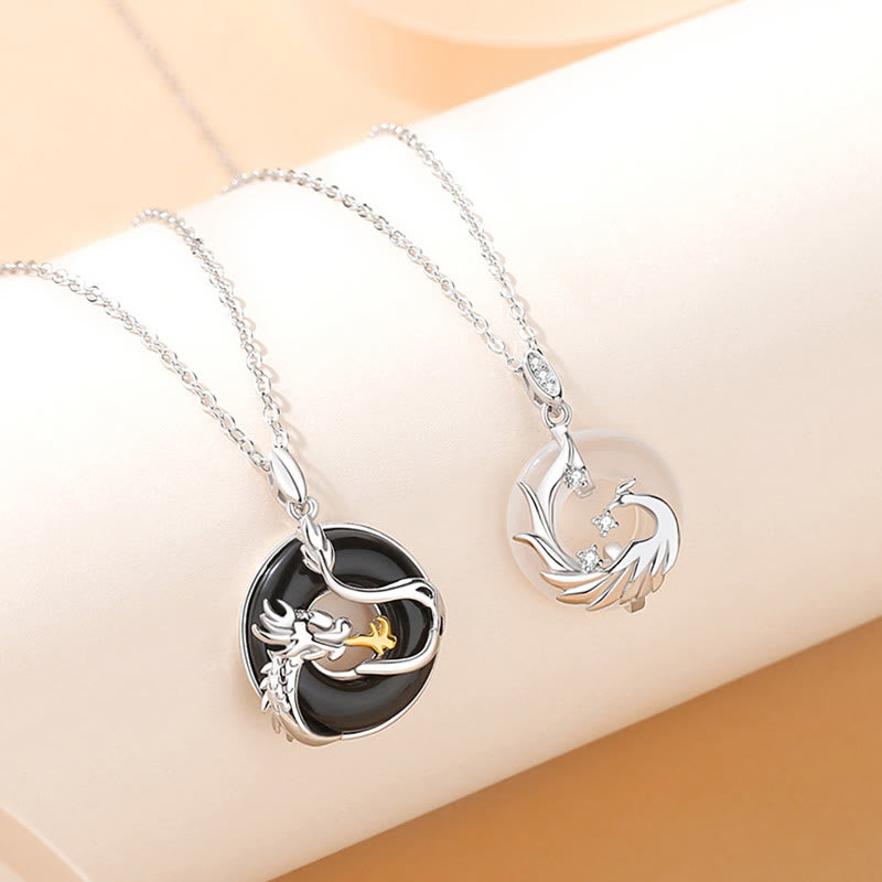 925 Sterling Silver Dragon Pendant with Black Onyx & Chalcedony for Protection & Harmony