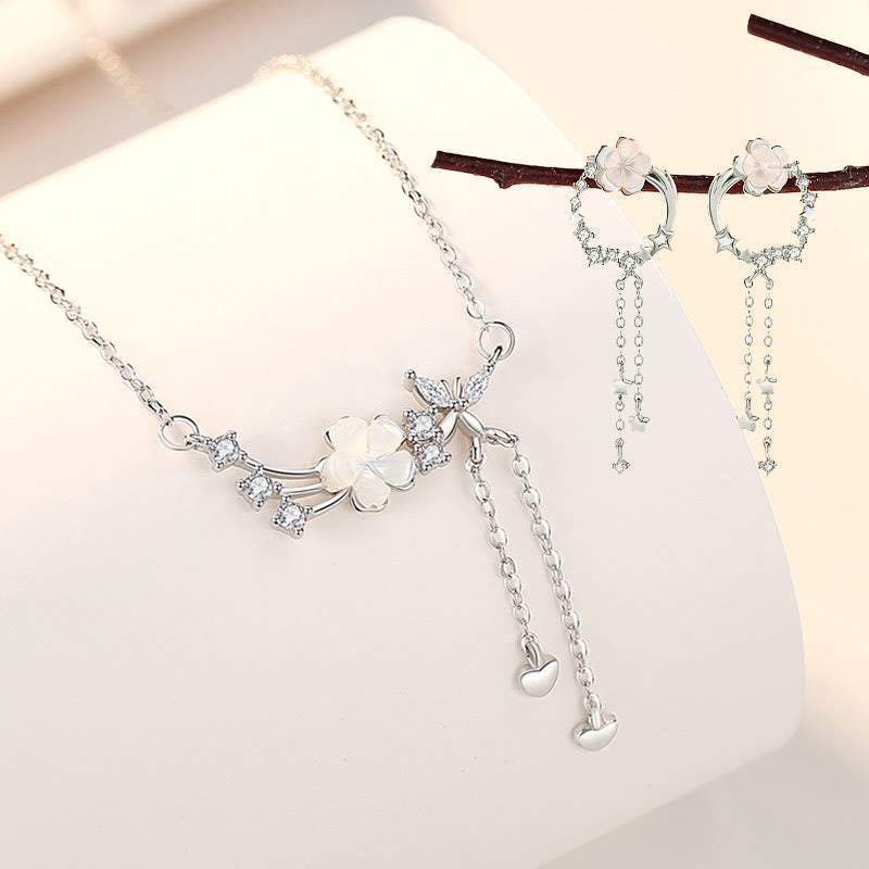 925 Sterling Silver Flower Butterfly Love Necklace Set