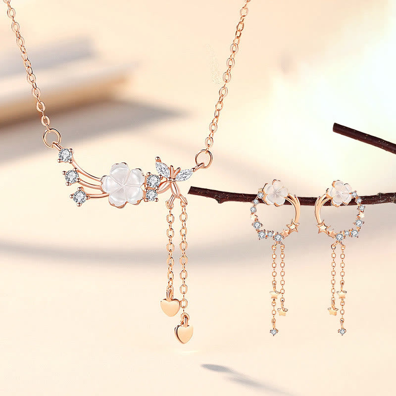 925 Sterling Silver Flower Butterfly Love Necklace Set