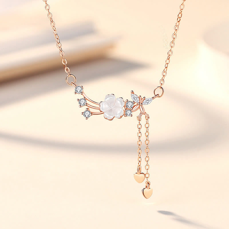 925 Sterling Silver Flower Butterfly Love Necklace Set