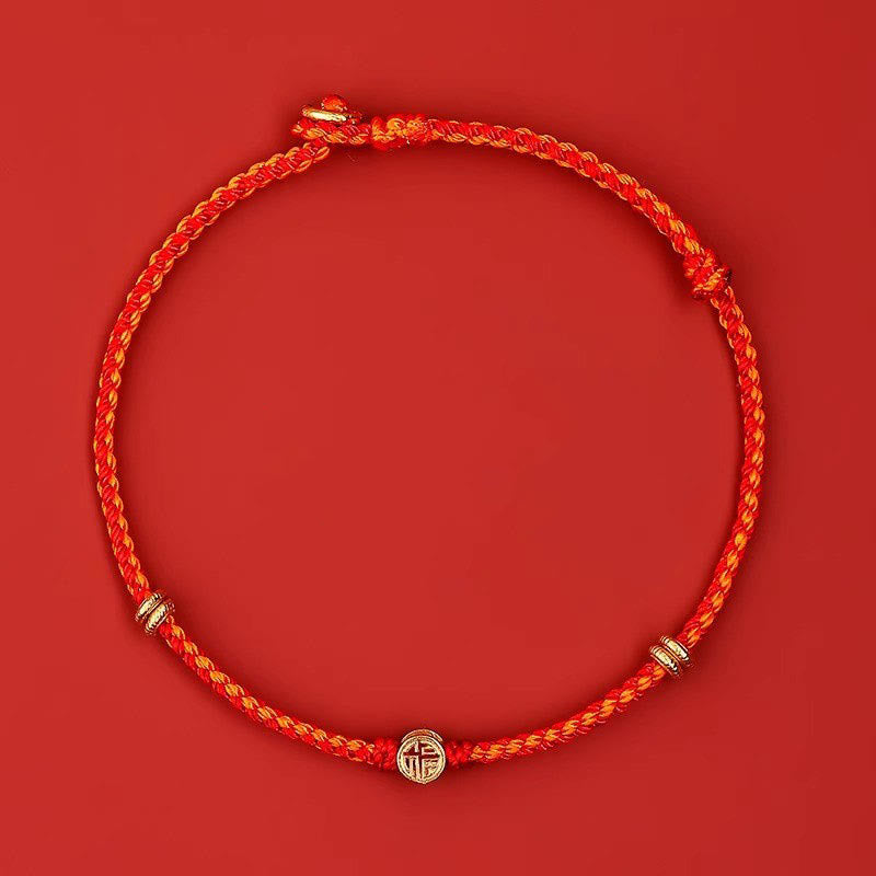 925 Sterling Silver Fu Character Red String Luck Bracelet