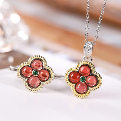 925 Sterling Silver Garnet Four-Leaf Clover Protection Necklace & Ring Set