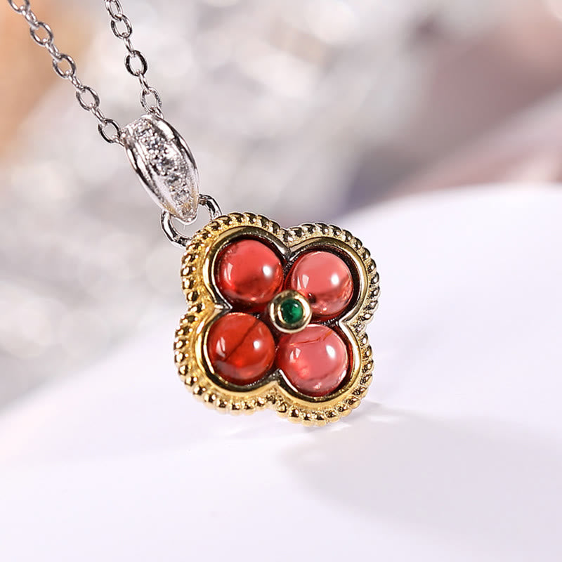 925 Sterling Silver Garnet Four-Leaf Clover Protection Necklace & Ring Set