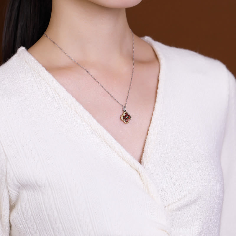 925 Sterling Silver Garnet Four-Leaf Clover Protection Necklace & Ring Set