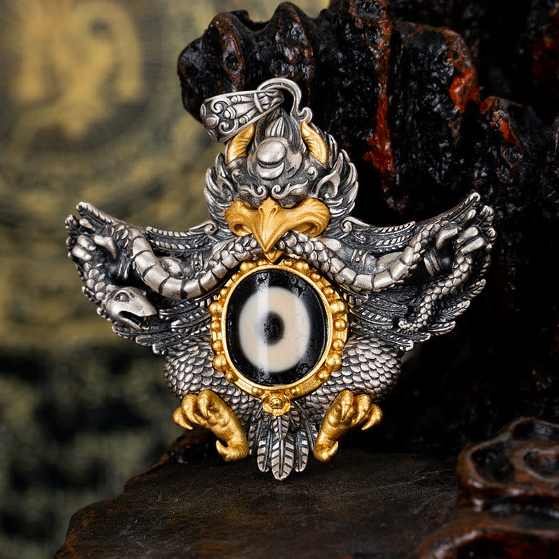 925 Sterling Silver Garuda Dzi Bead Spiritual Protection Necklace