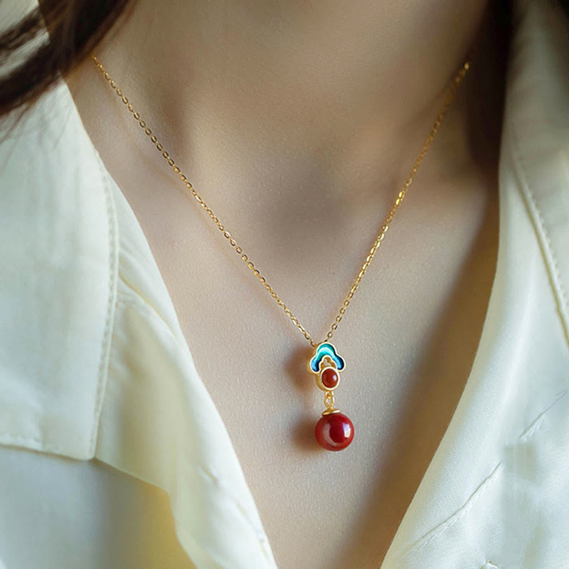 925 Sterling Silver Gold Cinnabar Red Agate Blessing Necklace Ring Earrings Set