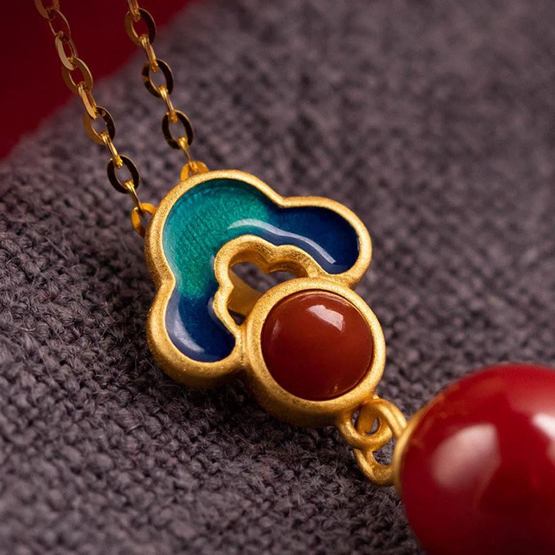 925 Sterling Silver Gold Cinnabar Red Agate Blessing Necklace Ring Earrings Set