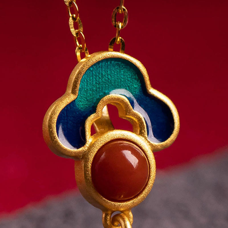 925 Sterling Silver Gold Cinnabar Red Agate Blessing Necklace Ring Earrings Set