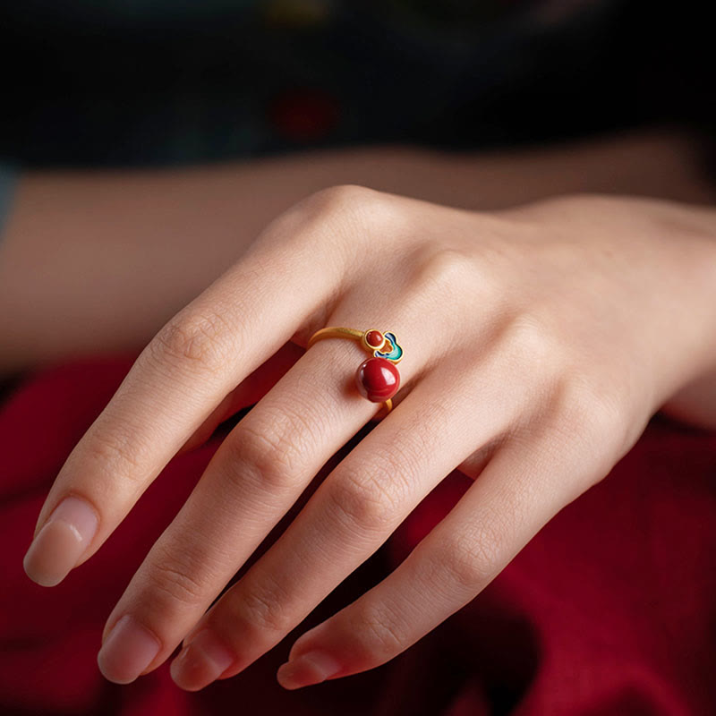 925 Sterling Silver Gold Cinnabar Red Agate Blessing Necklace Ring Earrings Set