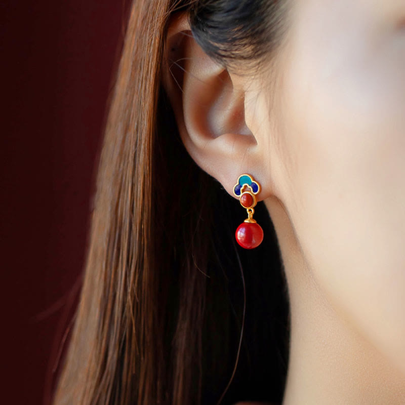 925 Sterling Silver Gold Cinnabar Red Agate Blessing Necklace Ring Earrings Set